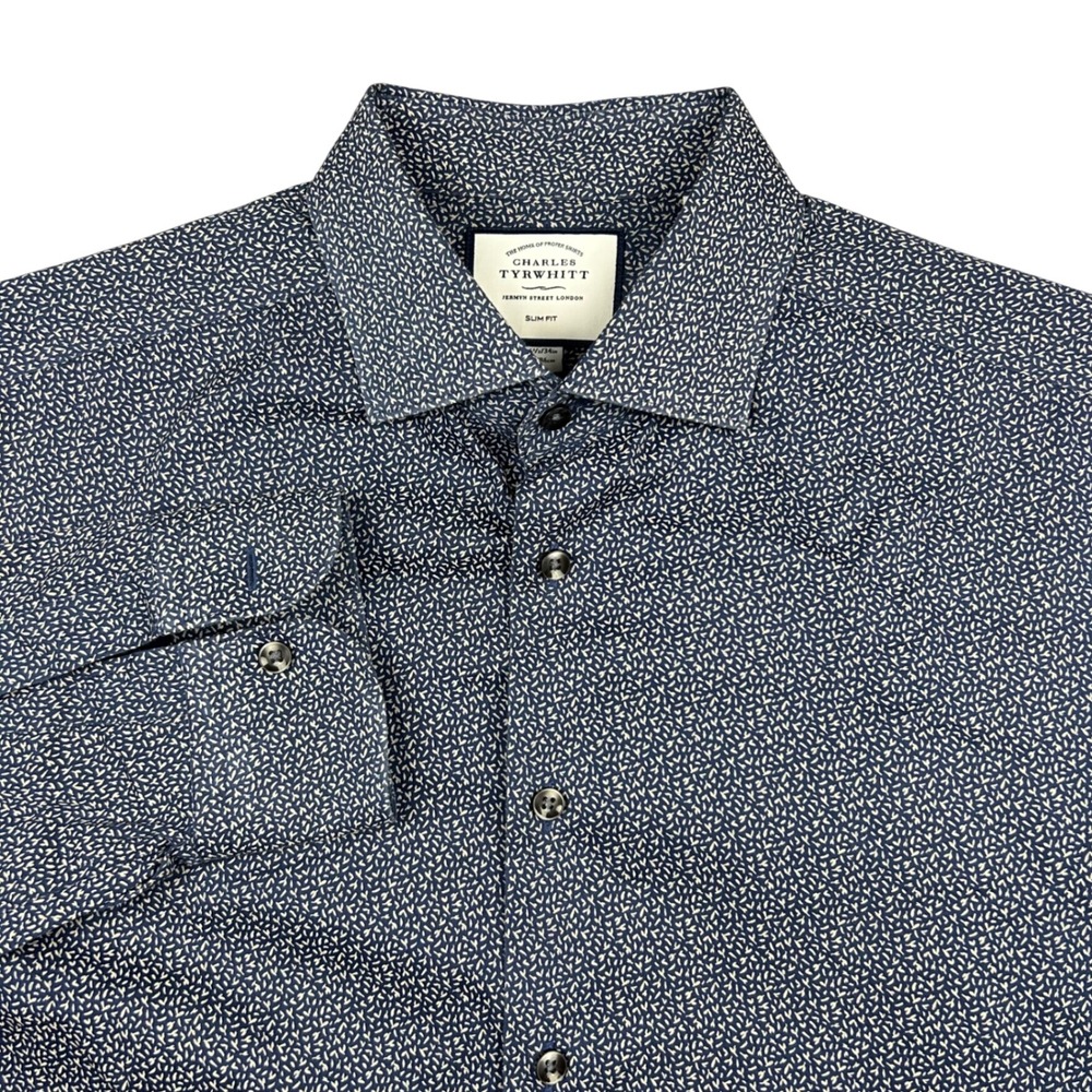 Charles Tyrwhitt Shirt Mens 16.5/34" Navy Micro‎ Print Slim Fit Cotton Button Up